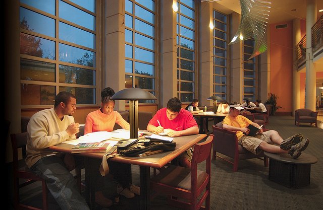 students study at tables in the library in early evening