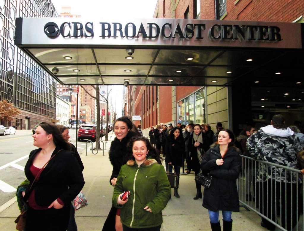 students stand outside the CBS Broadcast Center in NYC