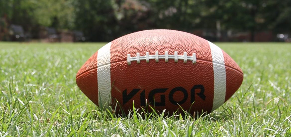 a brown football on green grass