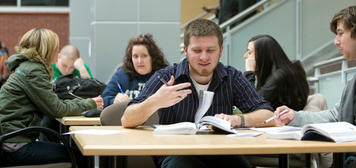 Students talking in the Science Building