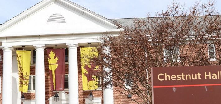 brick exterior and white columns of Chestnut, with brown and yellow flags