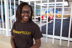 elementary education major Destiny in #ROWANproud shirt outside James Hall at Rowan University