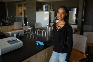 Sidney in a lab inside the Henry Rowan College of Engineering building at Rowan 