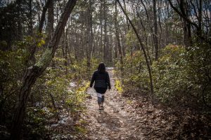 From the back, girl walking through the woods