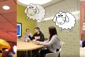 A three photo college featuring the Rowan Mascot, students in the business building, and a student reporter