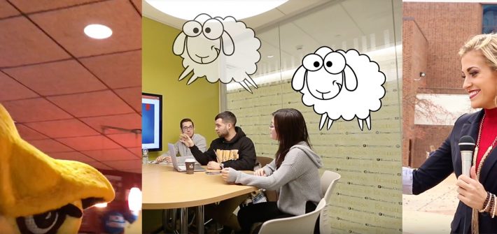A three photo college featuring the Rowan Mascot, students in the business building, and a student reporter