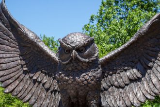 owl statue in center of campus