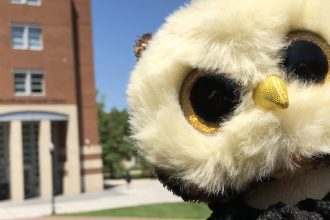 A brown and gold Beanie Boo stuffed animal in front of Rowan Universitys Campbell Library