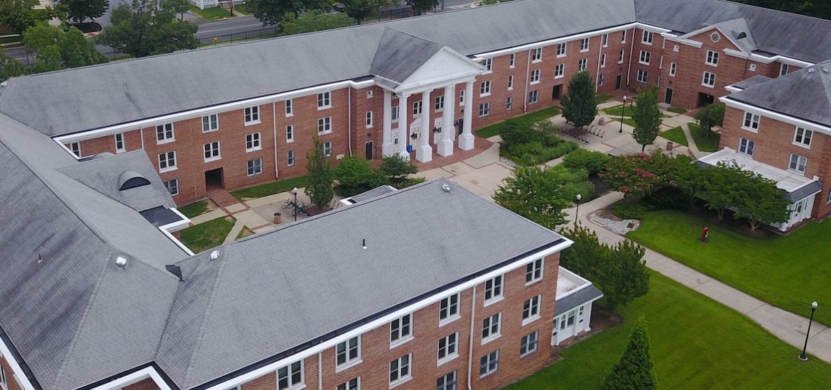 A drone shot of Rowan Universitys Chestnut Hall