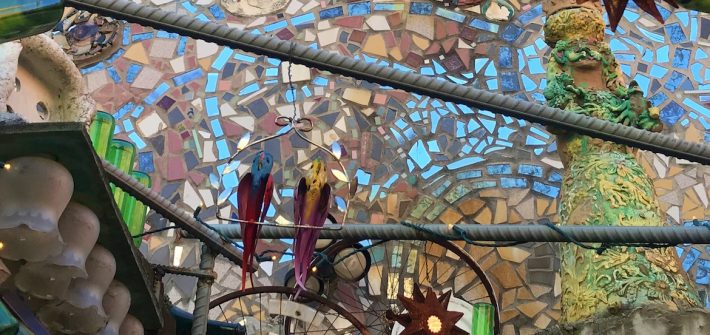 A view of the mosaic glass ceiling at Magic Gardens