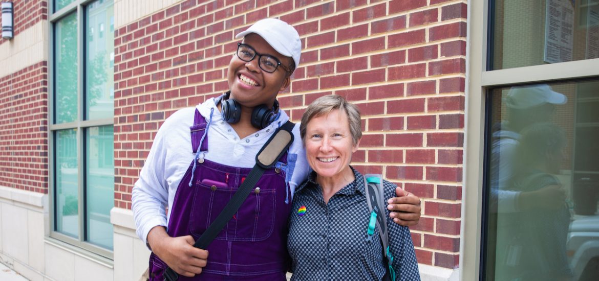 Student and teacher outside rowan Blvd