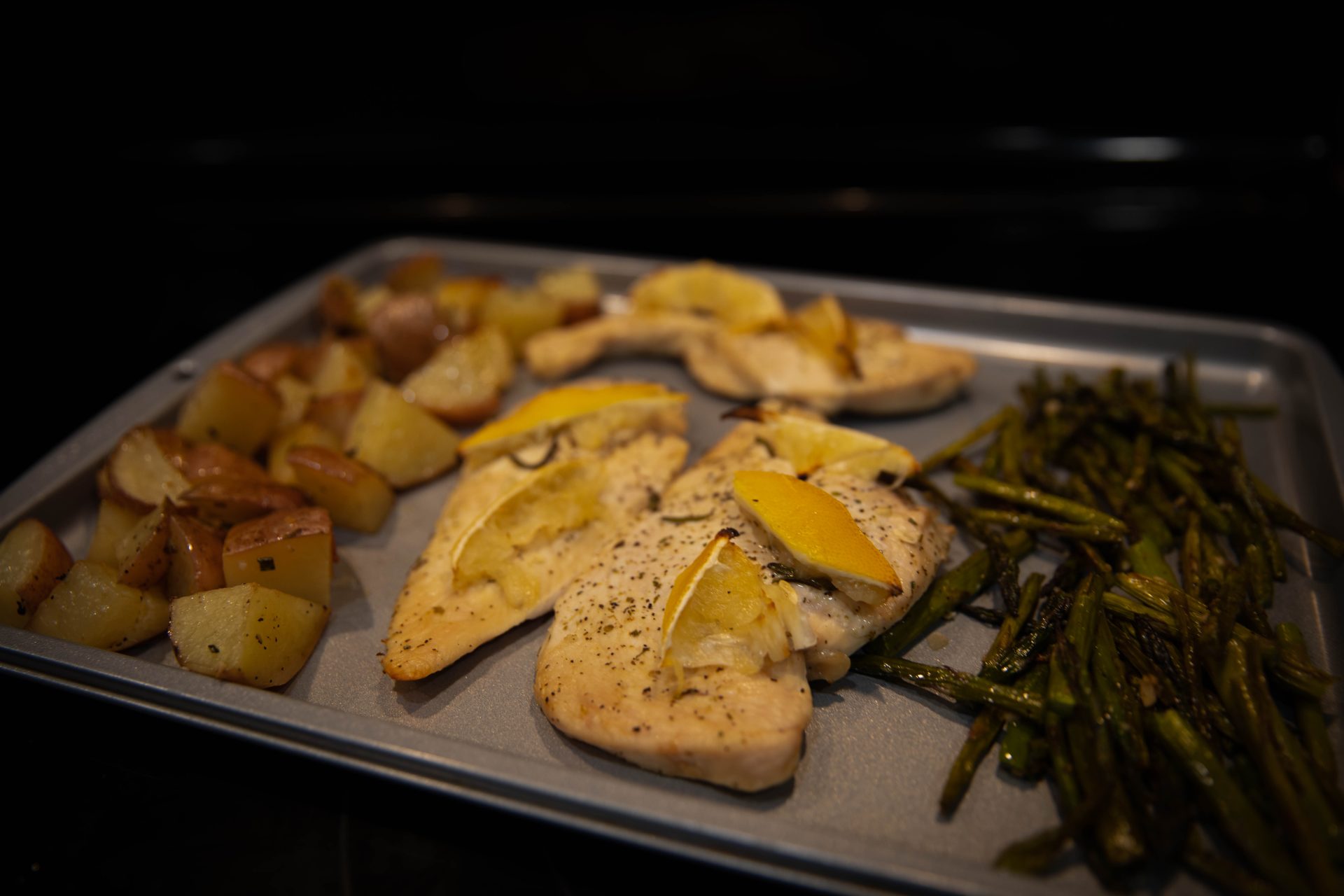 Close-up of food on pan.