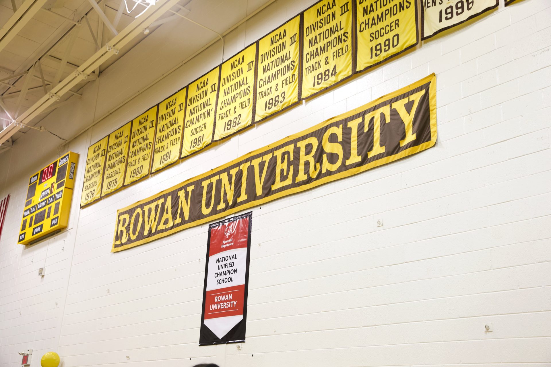 The banner recognizing Rowan University as a Special Olympics Champion School. 