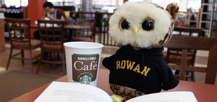 Owl in Barnes and nobles with coffee and a book