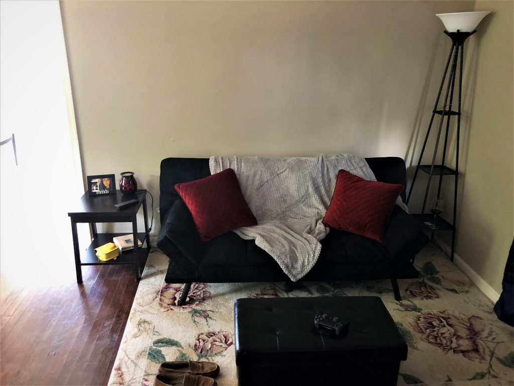 A photo of a living room, featuring a black coach and red accent pillows.