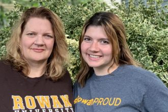 Lauren and her mother in rowan shirts
