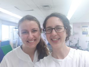 Rowan Biochemistry major Alyssa Salera taking a selfie with another intern at Herzog Hospital in Jerusalem