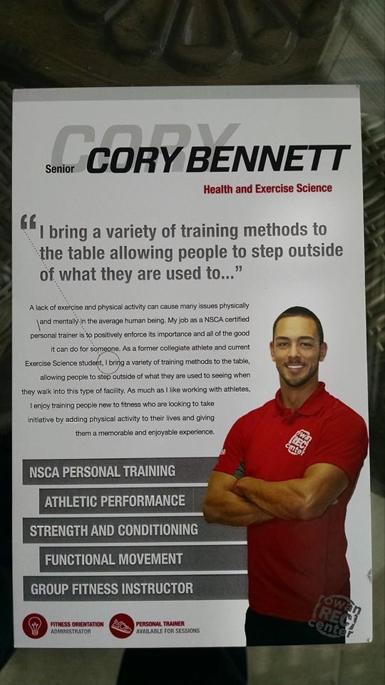 Flyer for Cory Bennett's personal training services when he worked for the Rec Center