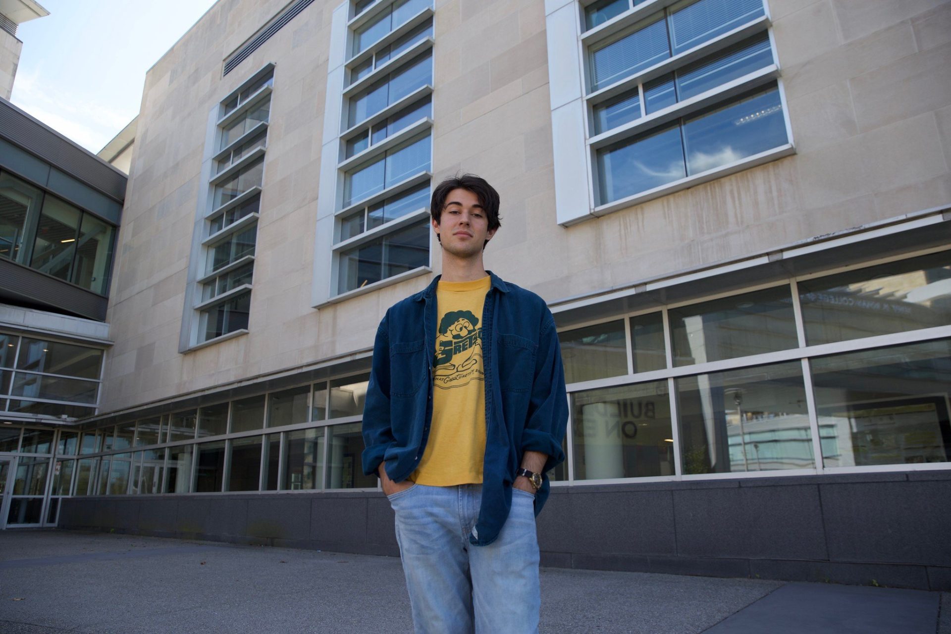 Rowan transfer student and Music Industry major Nikola Berardo photographed outside Engineering Hall