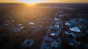 Drone shot overlooking Rowan's Glassboro campus at sunset