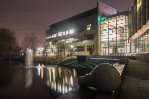 Nighttime exterior shot of Rowan Hall