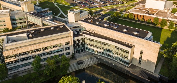 a drone photo of engineering hall at sunset.