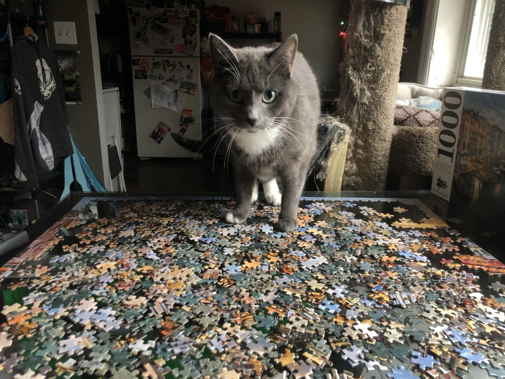 Cat standing on a puzzle, innocently destroying it.