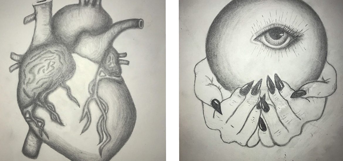 Sketches of a human heart and a crystal ball side by side.
