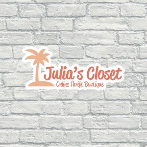 Orange, gray and white logo for Julia's closet, featuring a palm tree against a brick background. 