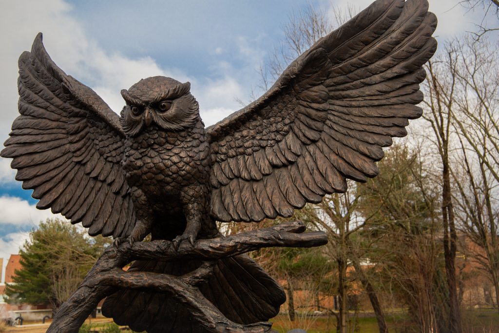 The Rowan owl statue outside of Robinson Hall.