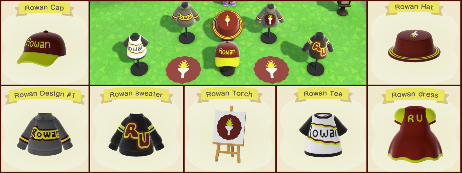Screenshot of Animal Crossing and selection of Rowan merchandise selection