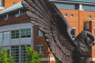 Exterior shot of the Owl statue and the back of Campbell Library.