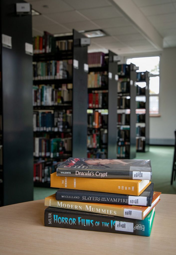 Book recommendations inside Campbell Library.