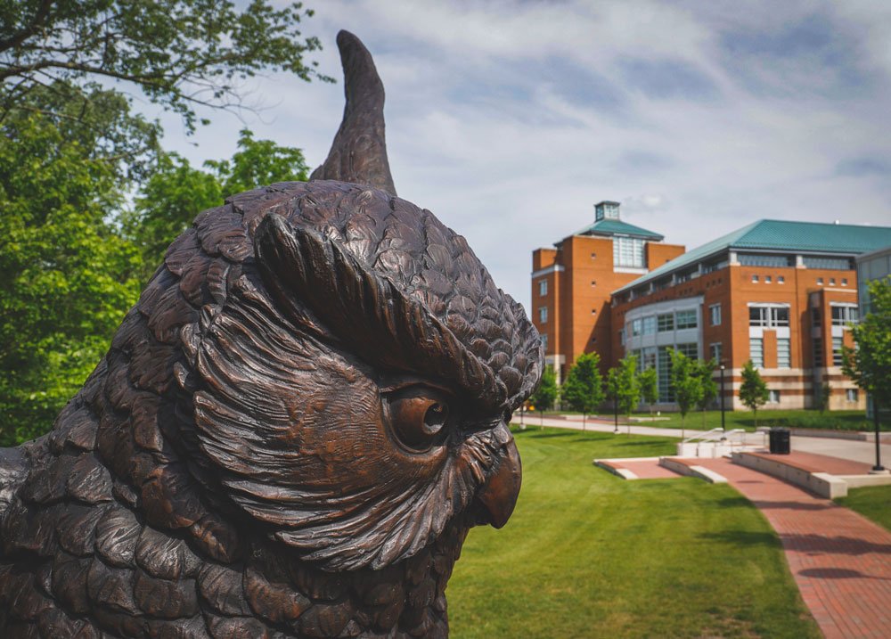Owl statue and Campbell Library.