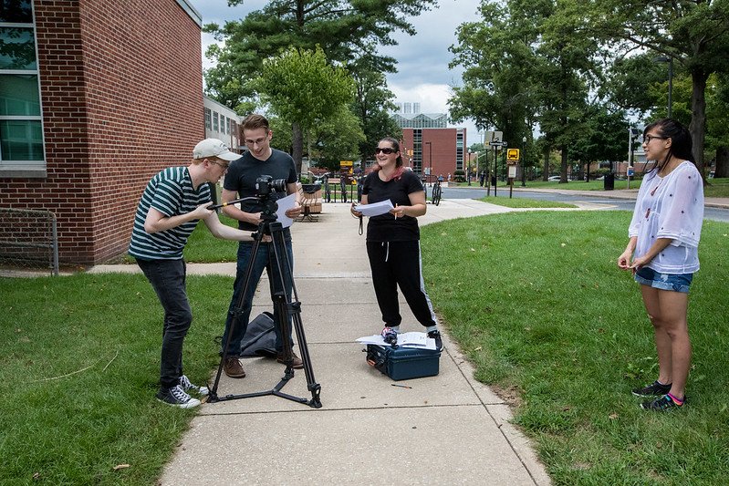 RTF students film outside Bozorth Hall.