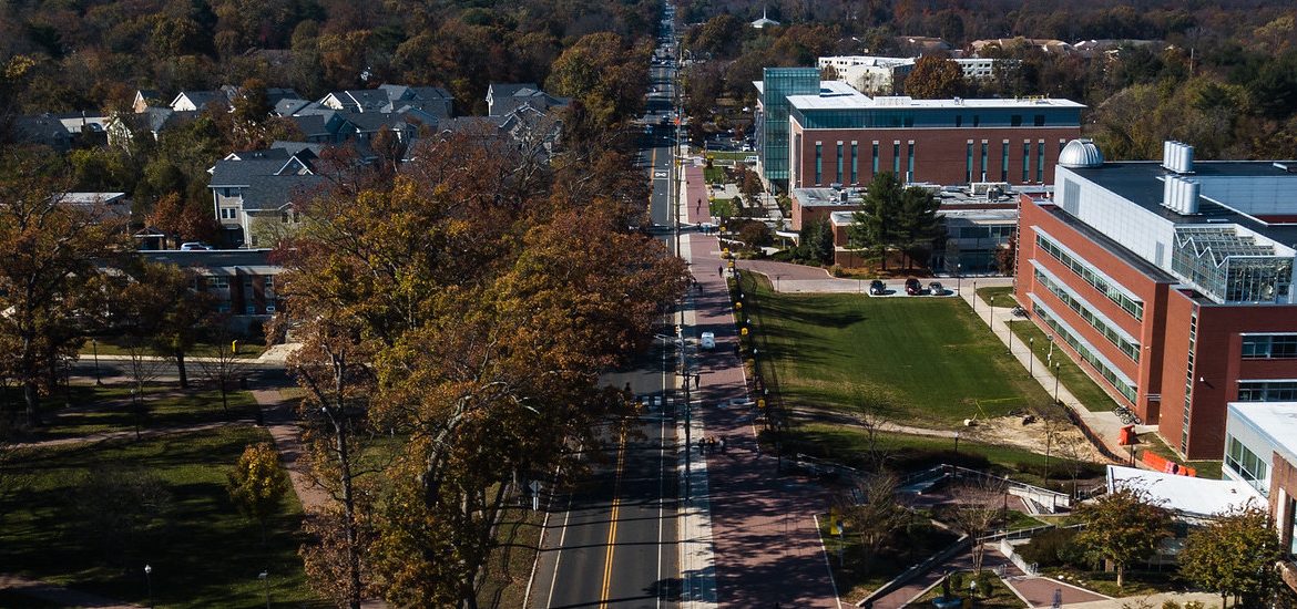 Drone shot of Route 322 portion of campus.