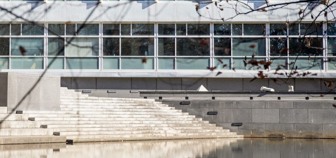 Exterior shot of Engineering Pond and Hall.