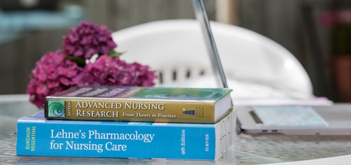 An exterior photo of nursing textbooks.