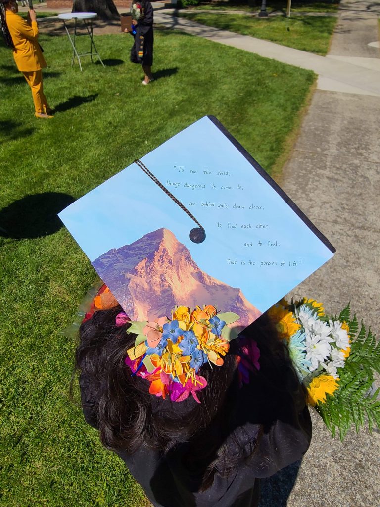 Marian's decorated graduation cap, as seen from above.