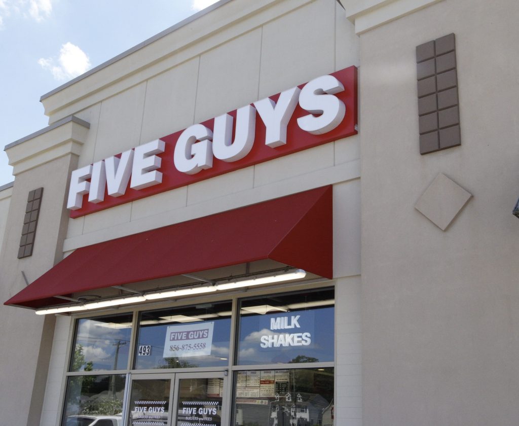 Exterior of Five Guys burger place in Sicklerville, NJ.