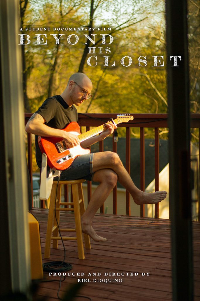 Beyond His Closet film cover photo showing Adam playing the guitar while barefoot.