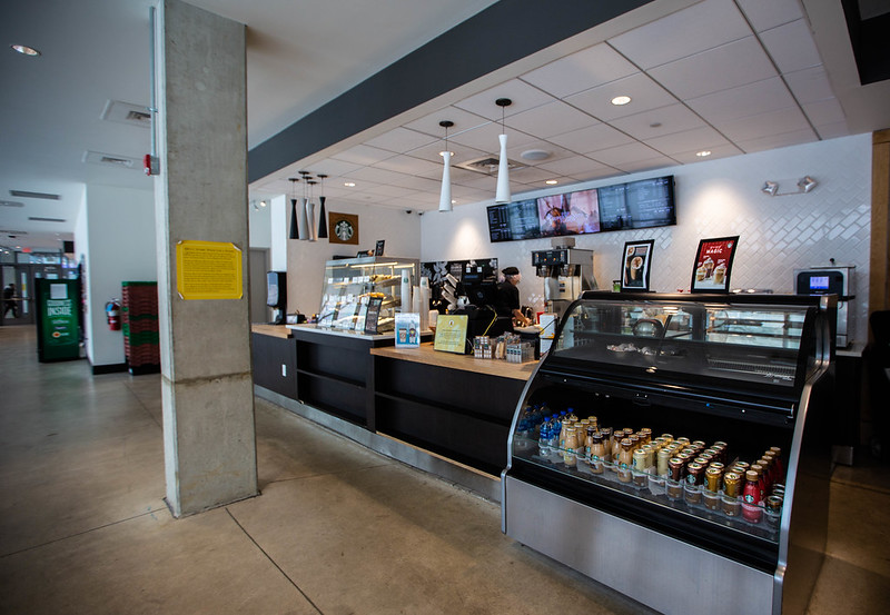 Glass displays and retail counter space in the Holly Pointe Snack Shop. 