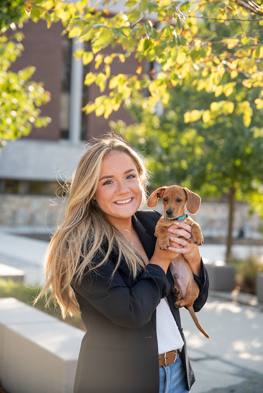 Rowan student with her Dachshund puppy.