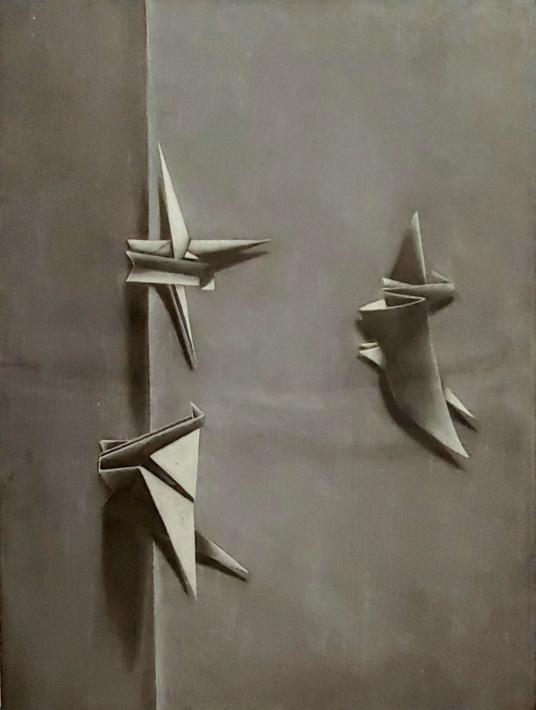 Abby Leitinger's "Cranes", a white colored pencil drawing on black paper.
