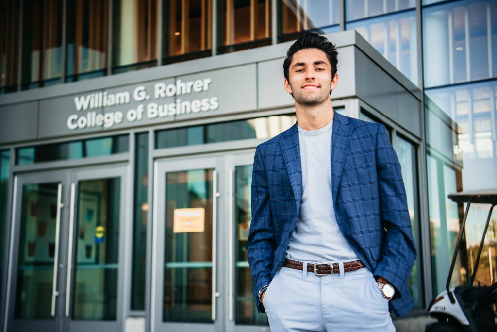 Kevin poses outside Business Hall.