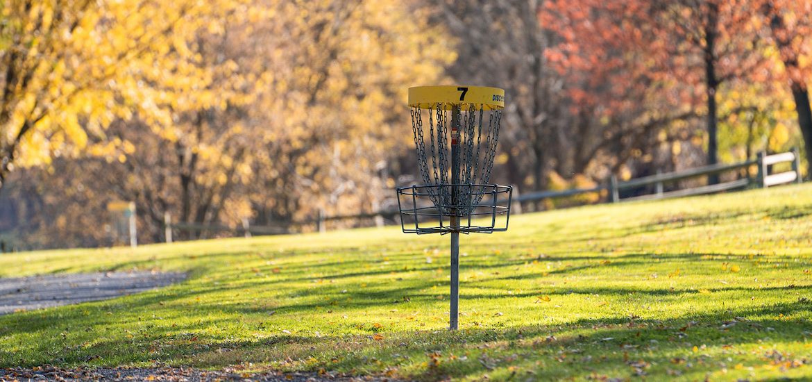 Stock photo of disc golf in a wooded area.