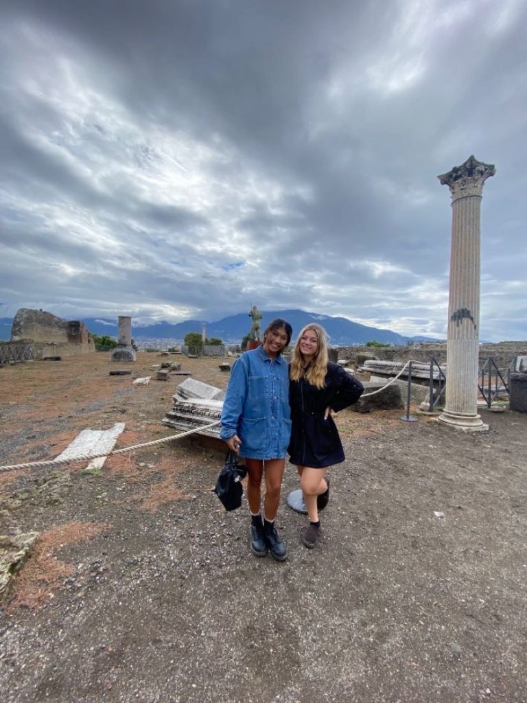 Calysta (left) with friend (Naomi) during a tour of the ancient Roman city of Pompeii in Campania, Italy.