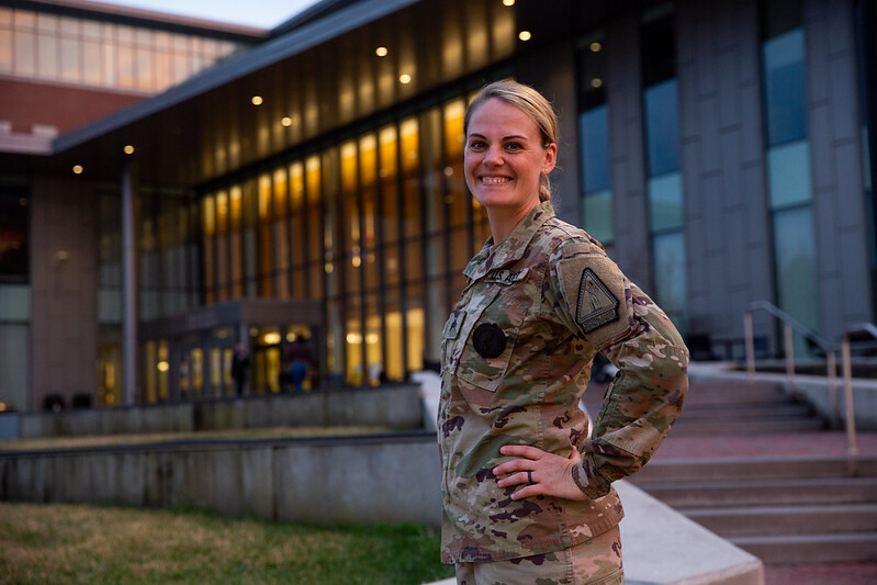 Amelia Gonzalez in her military attire outside of Rohrer College of Business.