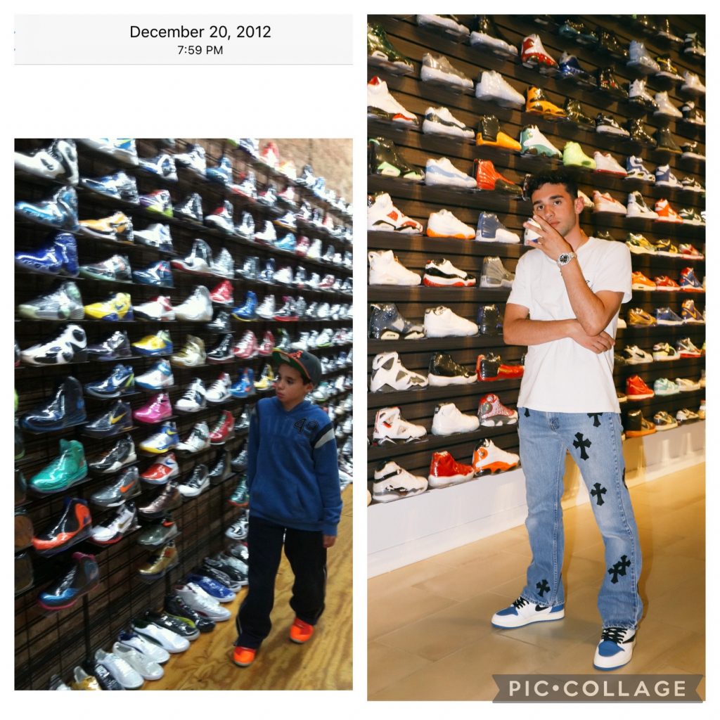 Christian in 2012 at his favorite sneaker store [at the time] called Flight Club, next to  picture of Christian nine years later in his stores Jersey Garden location.
