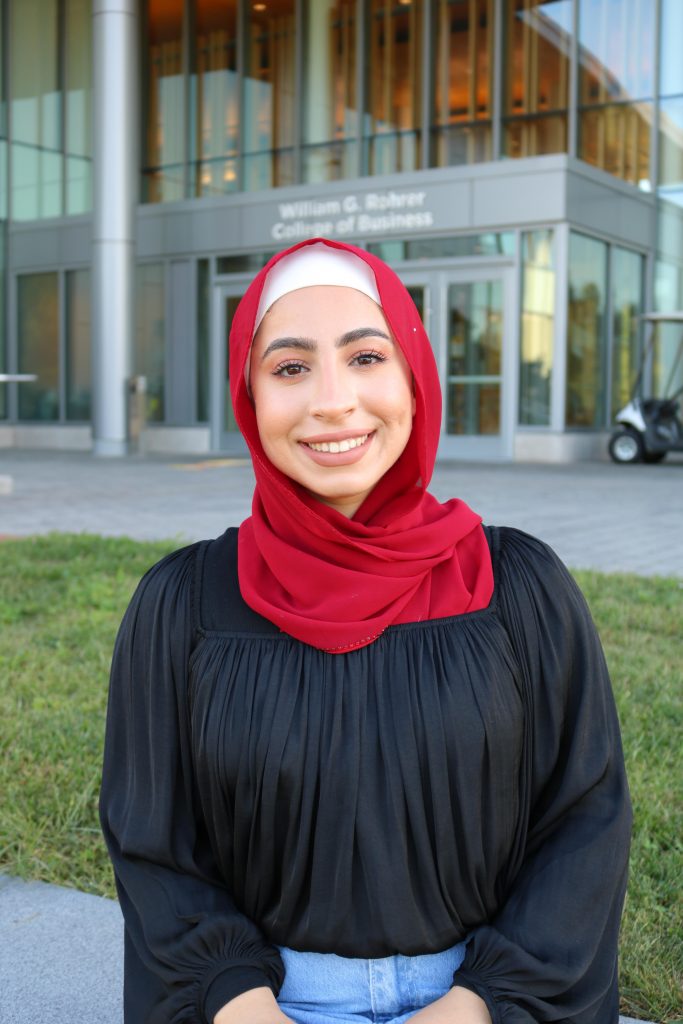 Sana poses outside Business Hall.